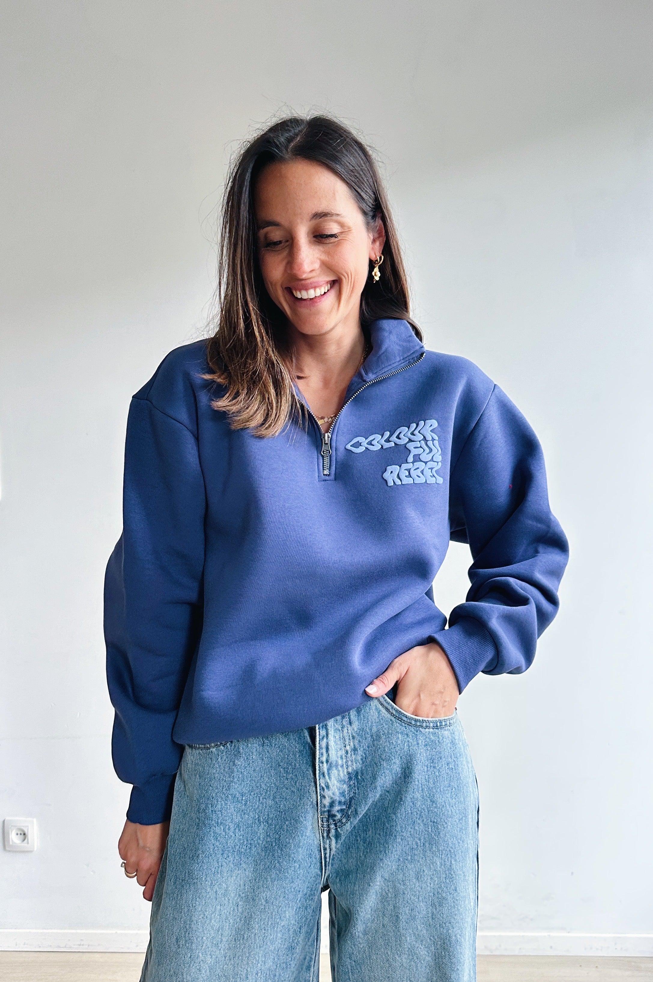 Uni zip sweater jeansblauw