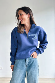 Uni zip sweater jeansblauw