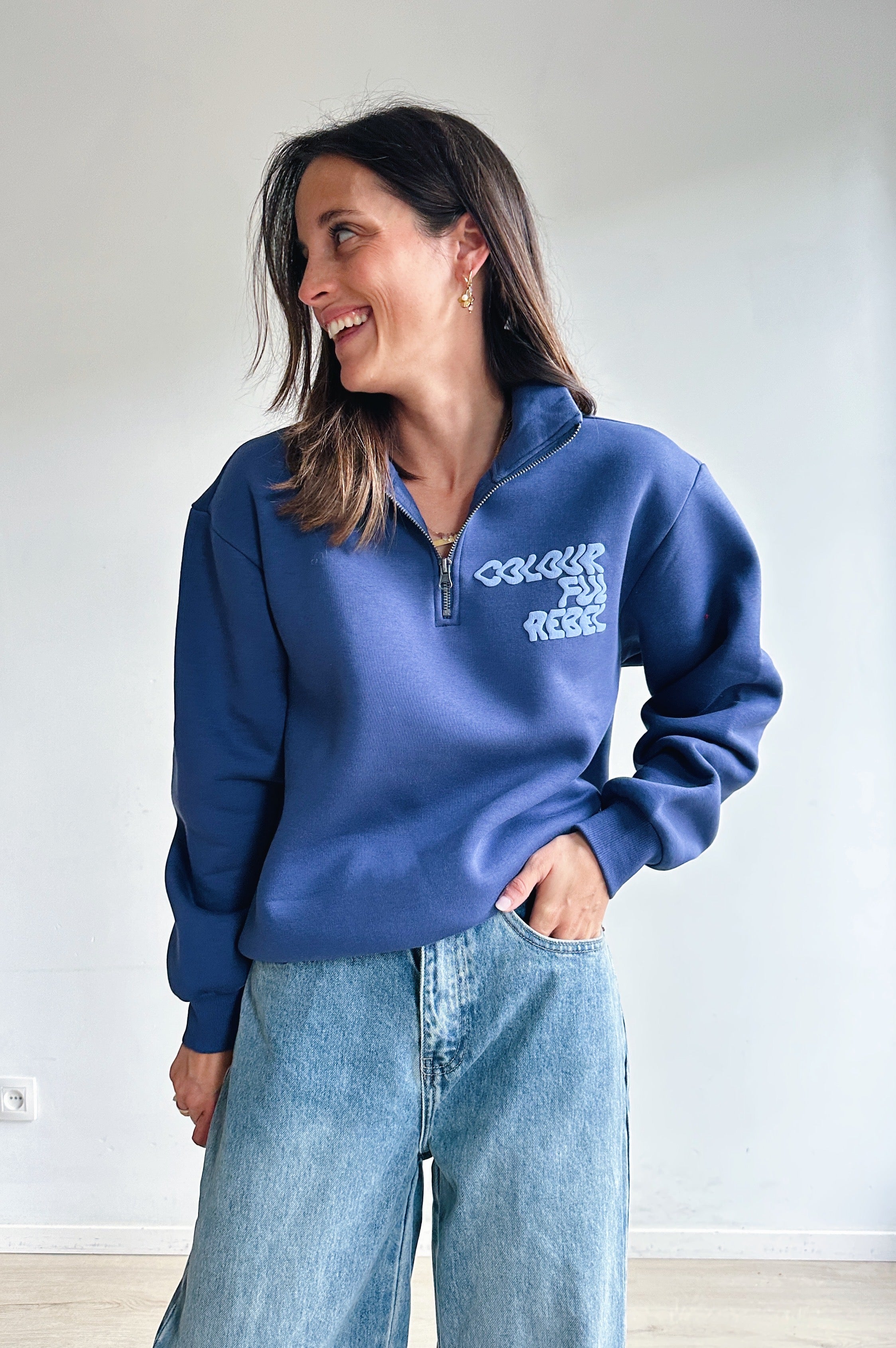 Uni zip sweater jeansblauw