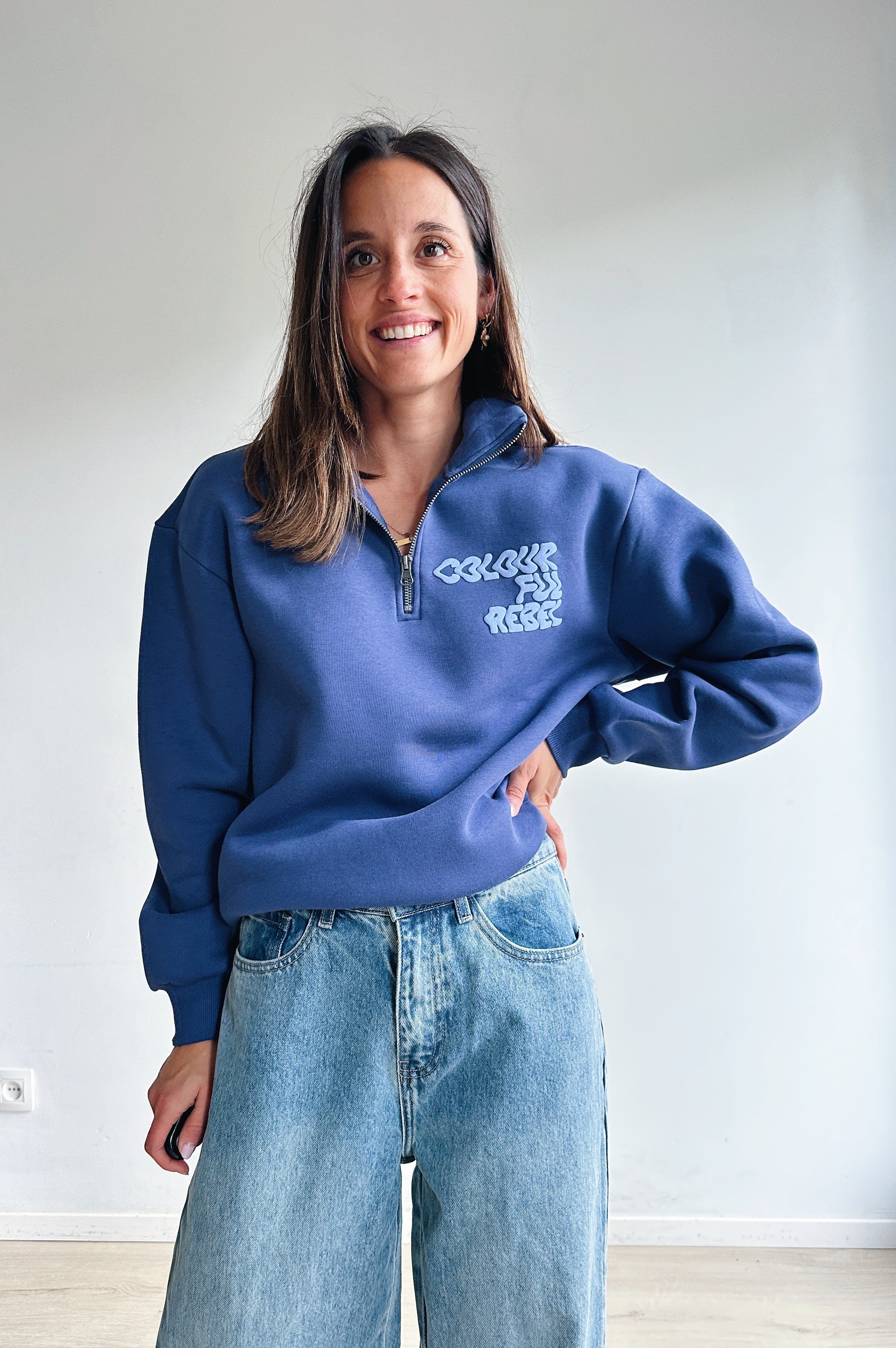 Uni zip sweater jeansblauw