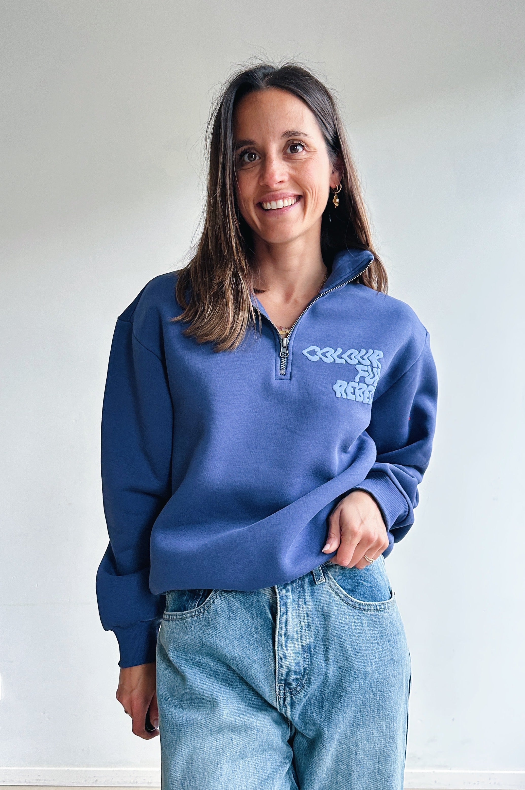 Uni zip sweater jeansblauw