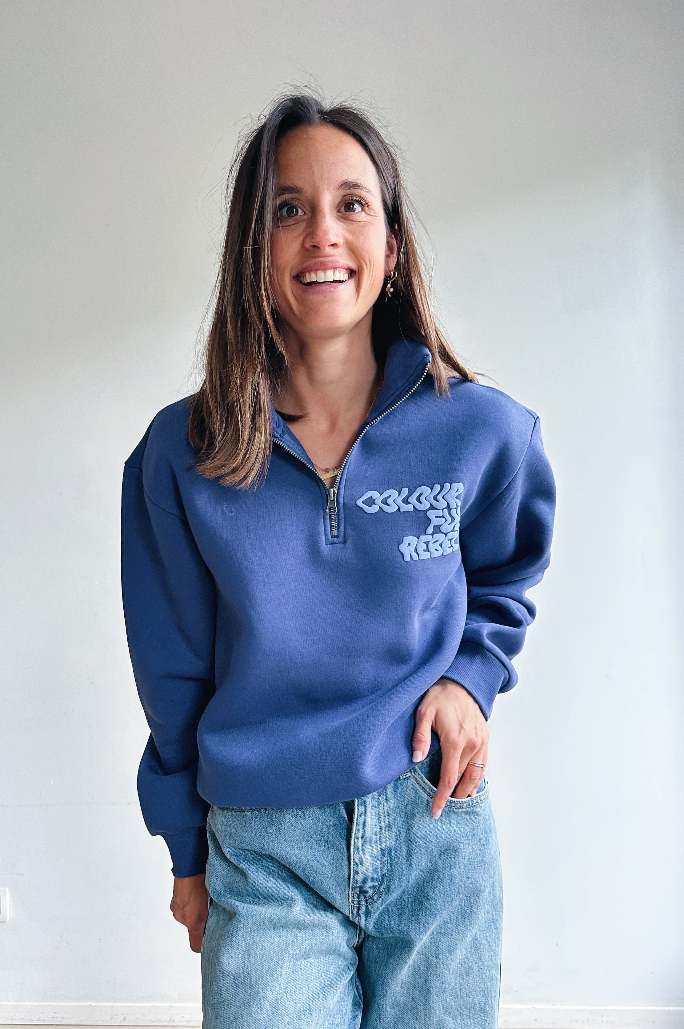 Uni zip sweater jeansblauw