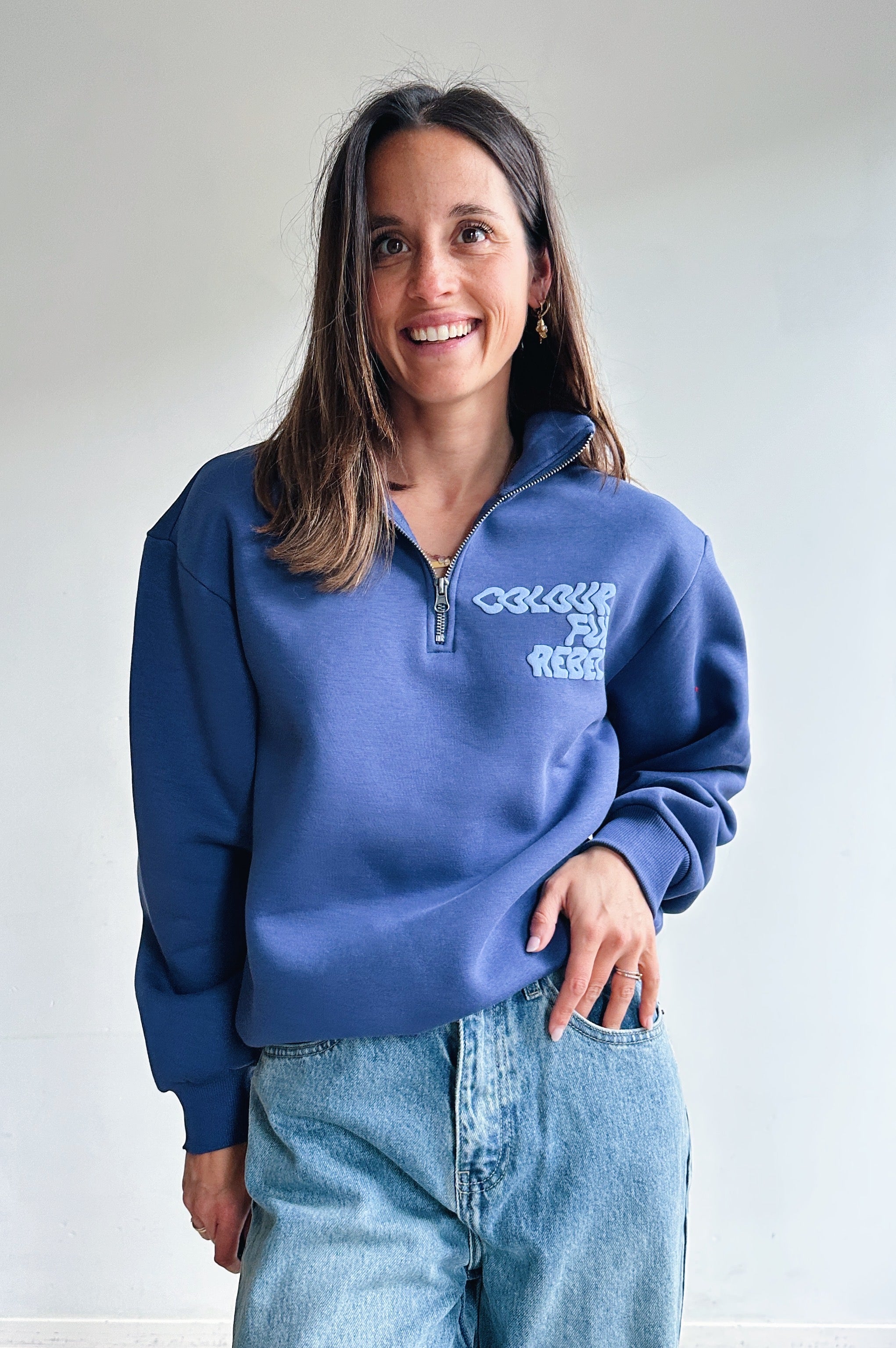 Uni zip sweater jeansblauw